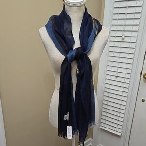 Charming Charlie Elegant Blue Navy & Copper stripe rectangular Scarf fringe New